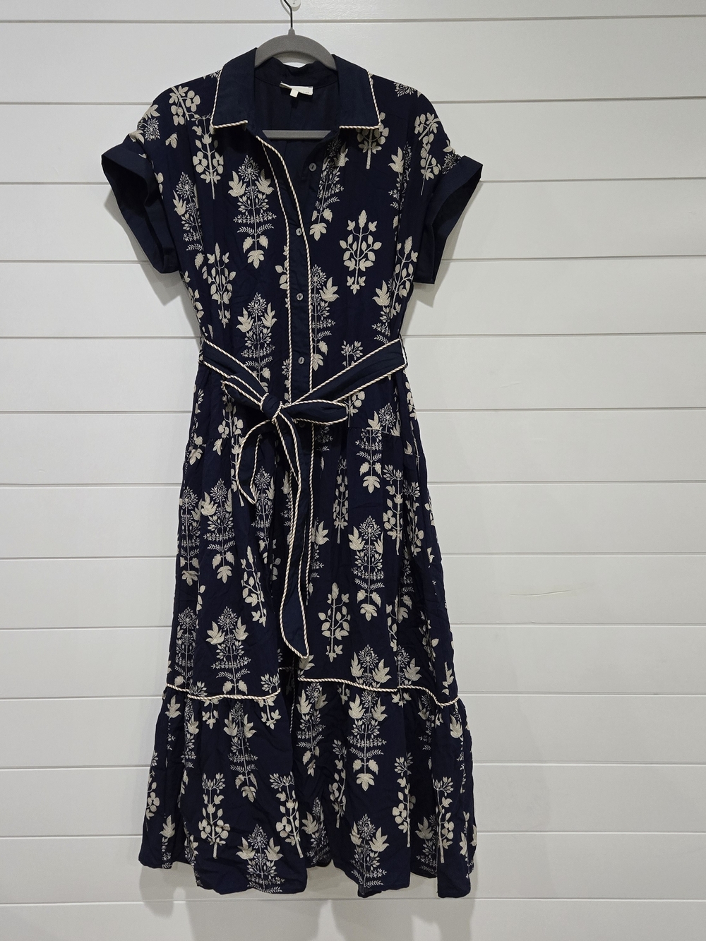 Entro Navy Floral Button-Front Collared Untility Shirt Dress with Tie Waist Sz L